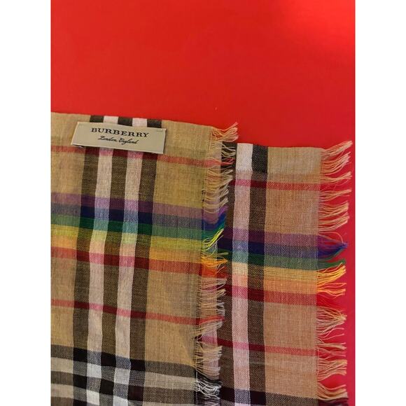 Burberry Rainbow Nova Check Wool And Silk Fringe Lightweight Scarf Wrap 87"x28" - Picture 16 of 16